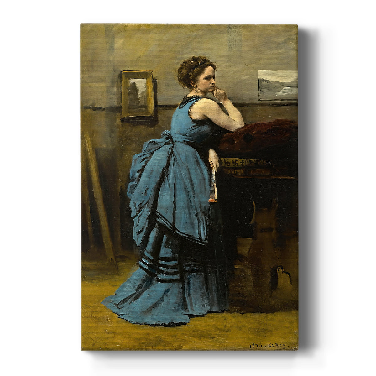 Canvas art print featuring a realistic portrait of a woman in a blue dress with soft lighting on a clean white background.