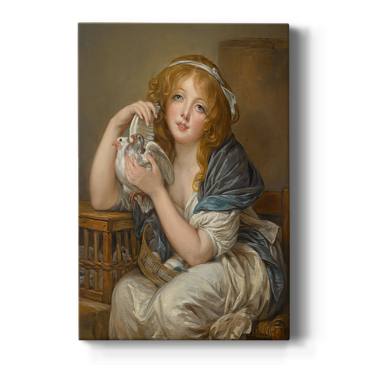 Canvas art print featuring a gentle portrait of a girl holding doves with soft light and warm tones on a clean white background.