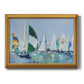 Coastal harbor watercolor painting printed on canvas in an ornate antique gold frame.