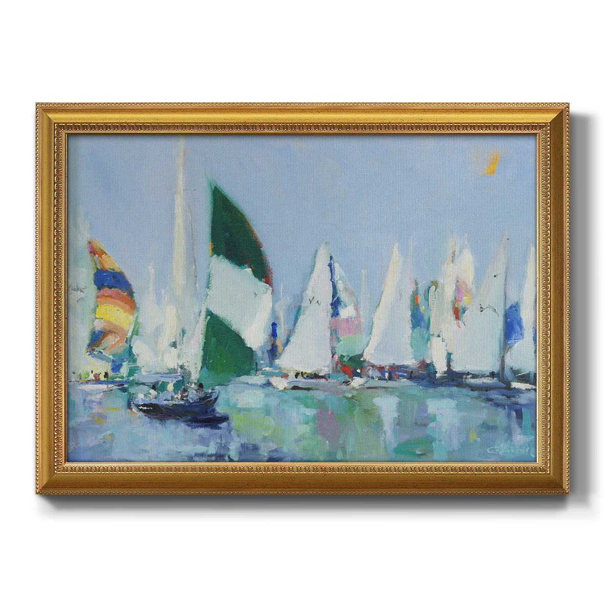 Coastal harbor watercolor painting printed on canvas in an ornate antique gold frame.