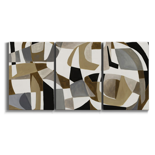 Three-panel canvas wall art featuring overlapping mid century geometric shapes on white background.