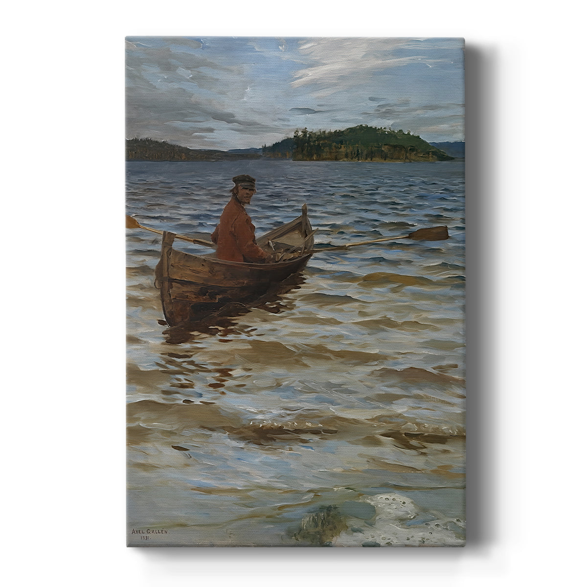 Canvas art print featuring a calm coastal scene with a small boat rowing toward the shoreline on a clean white background.