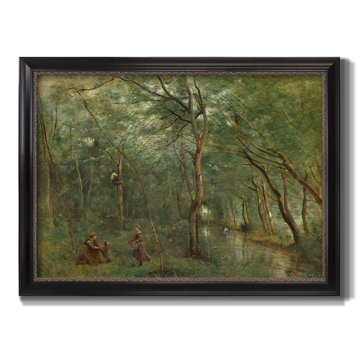 Traditional rural landscape scene with figures by Jean-Baptiste-Camille Corot printed on canvas in an ornate black frame with gilded inner detail.