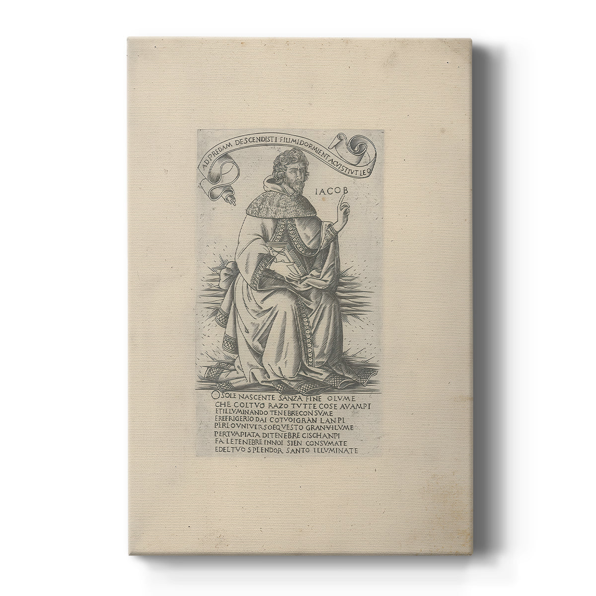 Canvas art print featuring a monochrome engraving of a seated prophet with intricate linework on a clean white background.