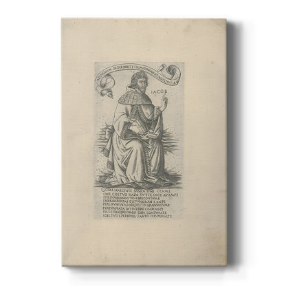Canvas art print featuring a monochrome engraving of a seated prophet with intricate linework on a clean white background.