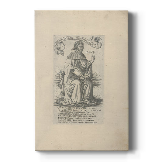 Canvas art print featuring a monochrome engraving of a seated prophet with intricate linework on a clean white background.