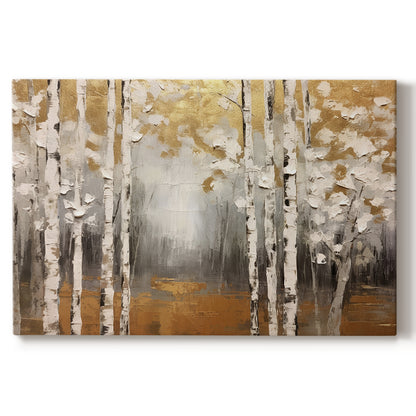 birch trees,abstract art,autumn colors,golden leaves,serene landscape,white trunks,textured painting,nature,fall scenery,peaceful environment,forest,contemporary art,home decor,wall art,nature-inspired,seasonal art,golden hues,brush strokes,fine art,landscape painting,creative design,visual art,simplicity,vibrant colors,tranquility,autumn scenery,nature's beauty,warm tones,emotional art,visual serenity,art collection,handcrafted art,original artwork,modern art