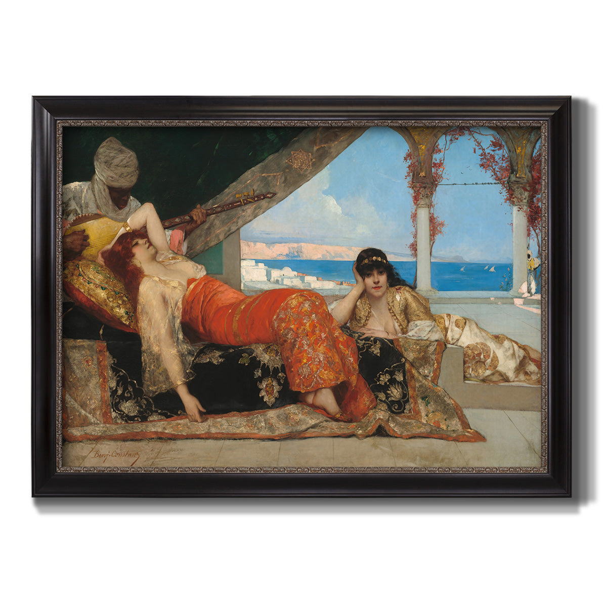 Orientalist portrait scene by Jean-Joseph Benjamin-Constant printed on canvas in an ornate black frame with gilded inner detail.