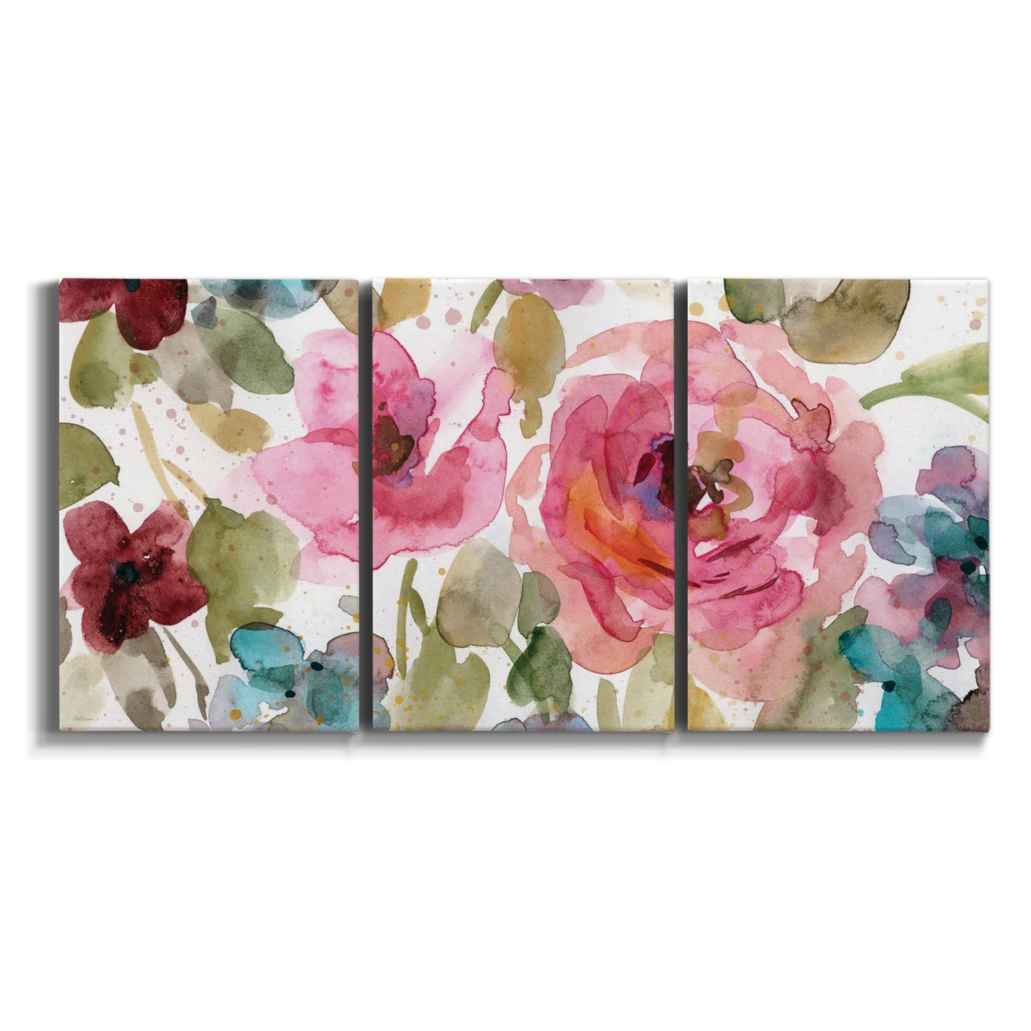Three-panel canvas wall art featuring colorful floral watercolor composition on white background.