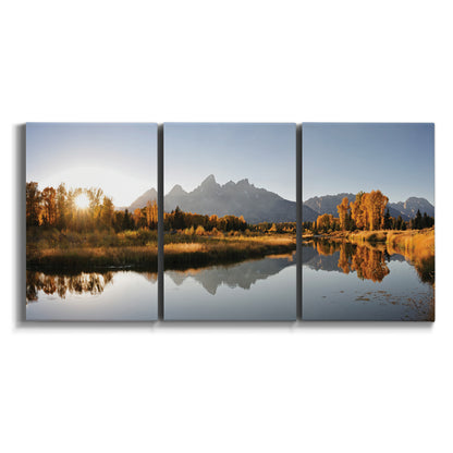 Three-panel canvas wall art featuring river canyon landscape photograph on white background.