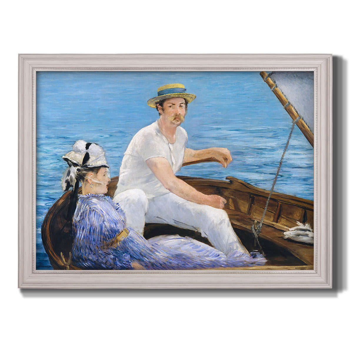 Impressionist leisure boating scene by Édouard Manet printed on canvas in an ornate weathered white frame.