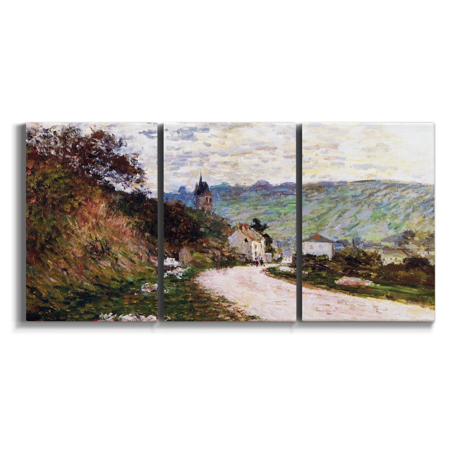 Three-panel canvas wall art featuring country road through village on white background.