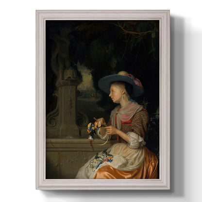 Classical interior scene of a woman weaving flowers by Godfried Schalcken printed on canvas in an ornate weathered white frame with a vertical orientation.