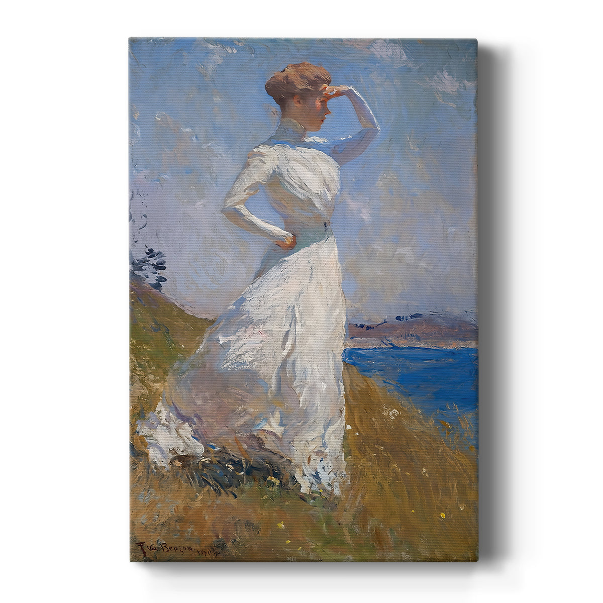Canvas art print featuring an impressionist portrait of a woman in white bathed in soft sunlight on a clean white background.