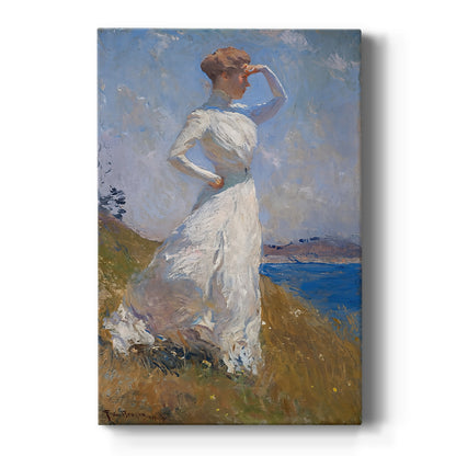 Canvas art print featuring an impressionist portrait of a woman in white bathed in soft sunlight on a clean white background.