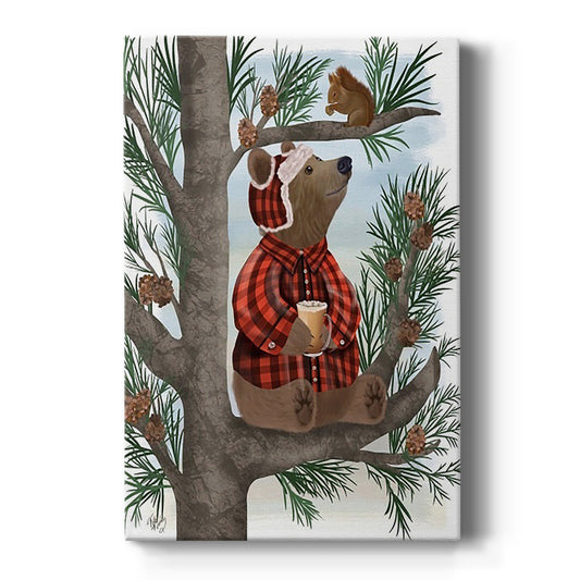 Lumberjack Bear Pine Tree Coffee Break - Canvas Art Print