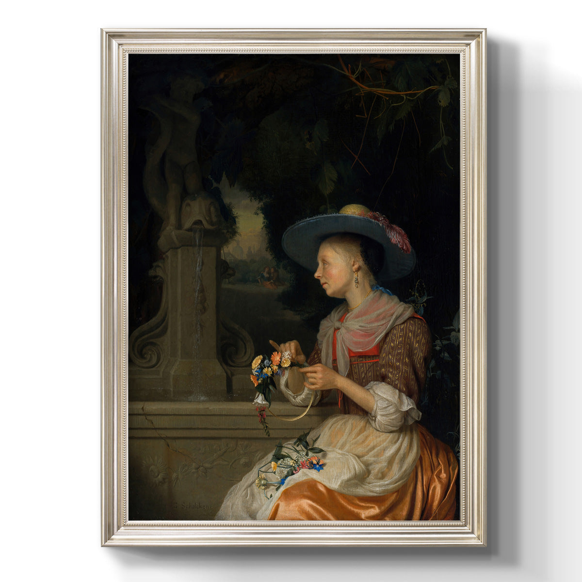Classical interior scene of a woman weaving flowers by Godfried Schalcken printed on canvas in an ornate champagne frame with a vertical orientation.