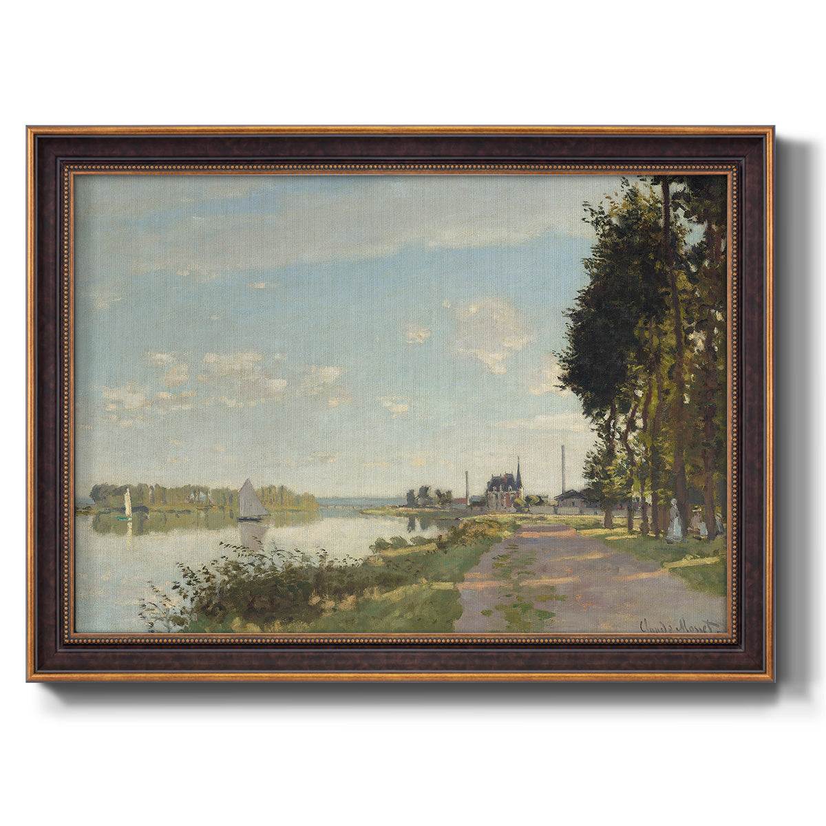 Impressionist river scene with red boats by Claude Monet printed on canvas in an ornate bronzed mahogany wood frame.