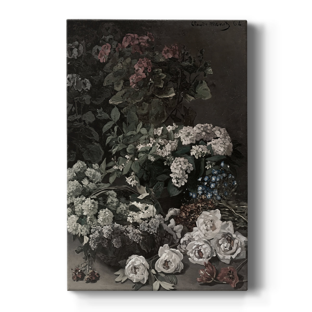 Canvas art print featuring an impressionist study of spring flowers with light pastel tones on a clean white background.
