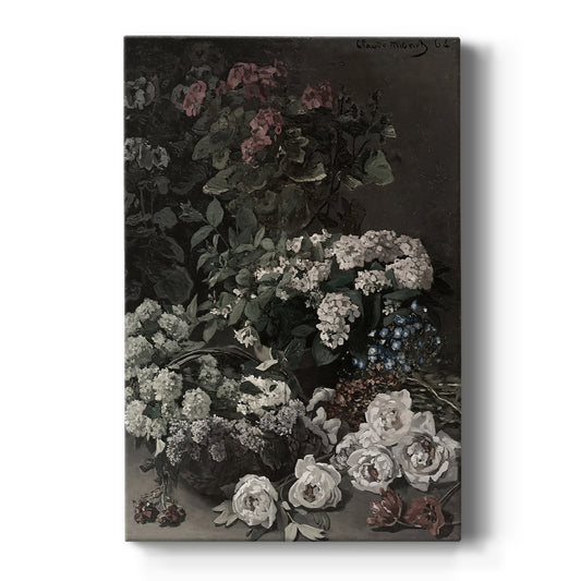 Canvas art print featuring an impressionist study of spring flowers with light pastel tones on a clean white background.