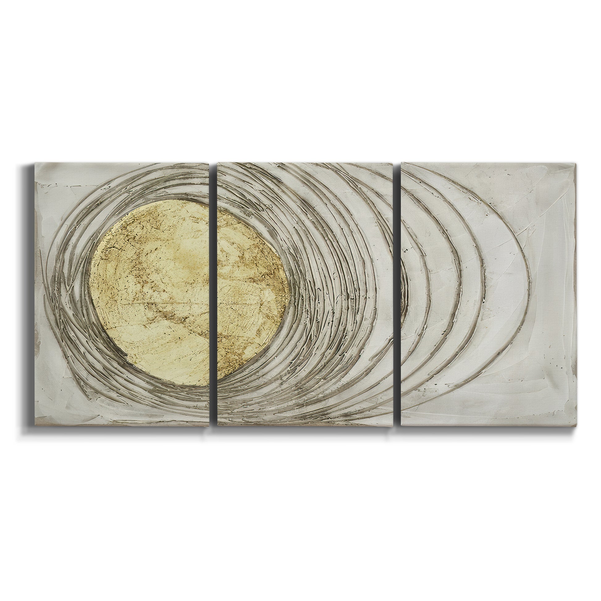 Three-panel canvas wall art featuring circular abstract energy forms on white background.