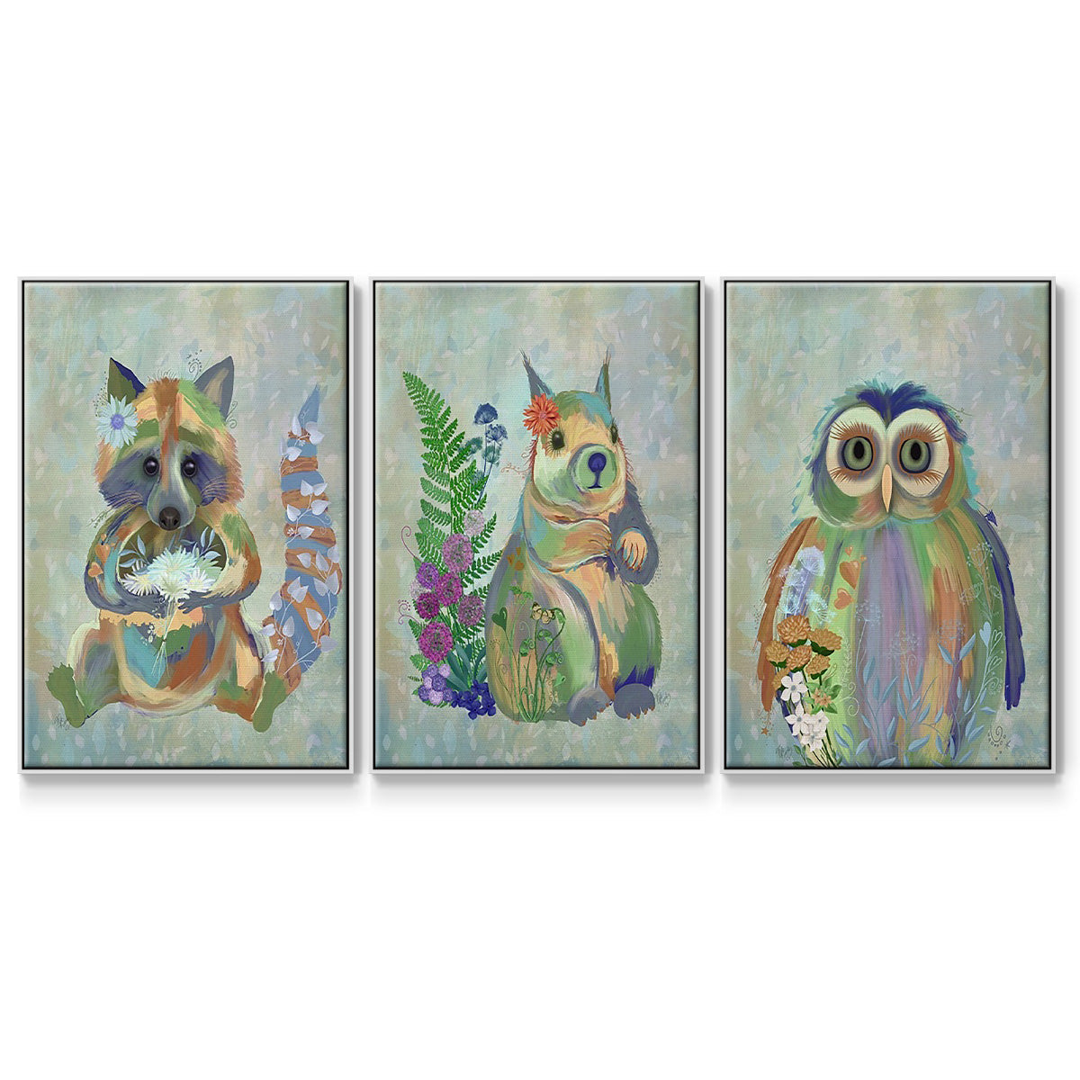 Fantastic Florals Owl - Framed Premium Gallery Wrapped Canvas L Frame 3 Piece Set - Ready to Hang