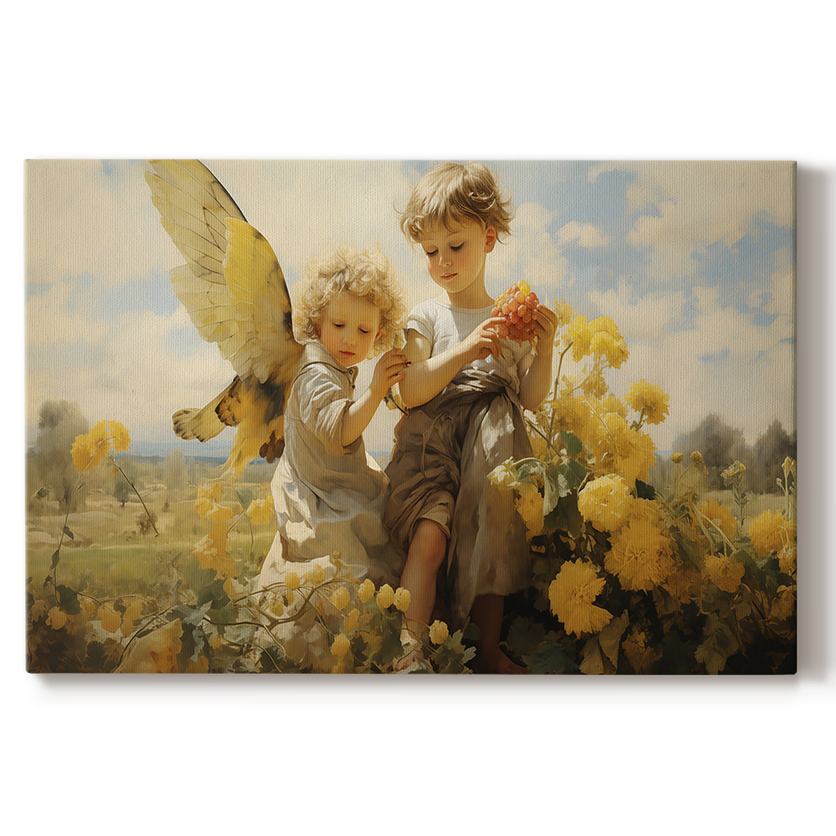 children,flowers,field,yellow,grapes,bird,nature,play,joy,exploration,whimsical,outdoor,happiness,summer,innocence,adventure,creativity,friendship,beauty,curiosity,landscape,environment,childhood,flora,fauna,earth,bloom,sunlight,day,magical,serenity,wonder,colors,petals,wings,laughter,light,harmony,togetherness,joyfulness,marvel