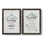 Set of two black barnwood framed canvas prints featuring two rustic typographic wall art featuring humorous laundry-room sayings and clothing icons.