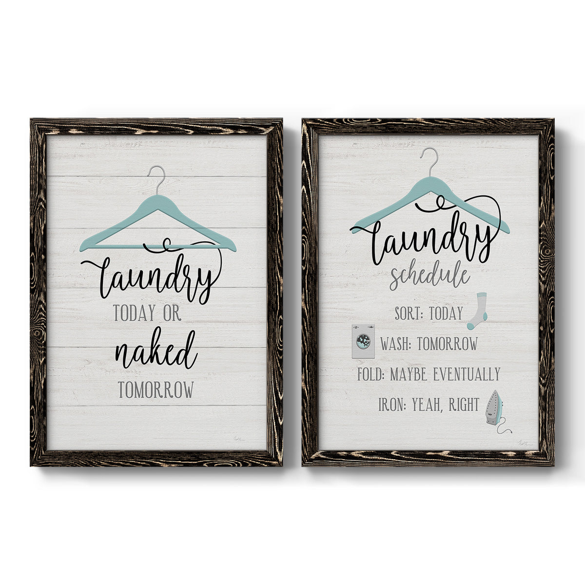 Set of two black barnwood framed canvas prints featuring two rustic typographic wall art featuring humorous laundry-room sayings and clothing icons.