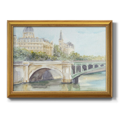 Classical watercolor painting of a French bridge printed on canvas in an ornate antique gold frame.