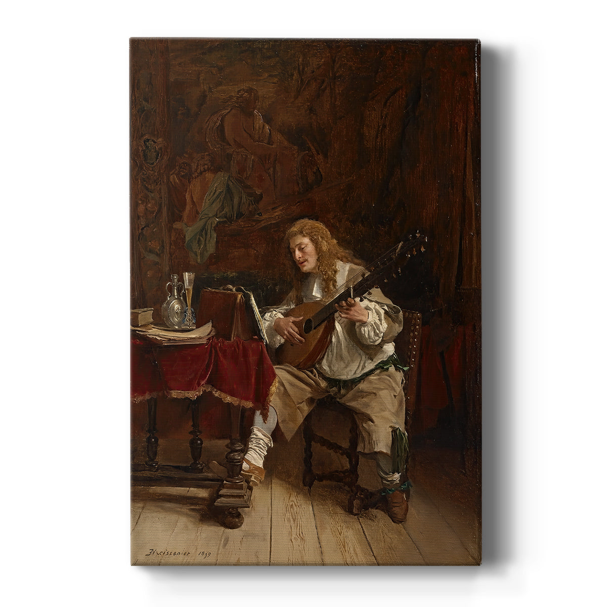 Canvas art print featuring a realistic scene of a musician playing an instrument in a warm interior on a clean white background.