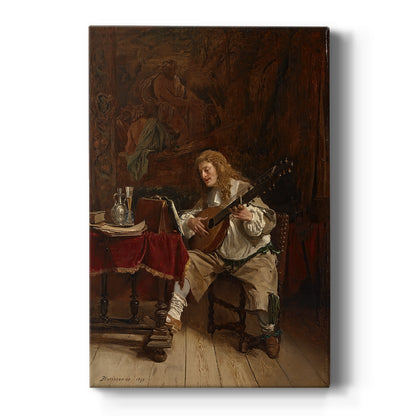 Canvas art print featuring a realistic scene of a musician playing an instrument in a warm interior on a clean white background.