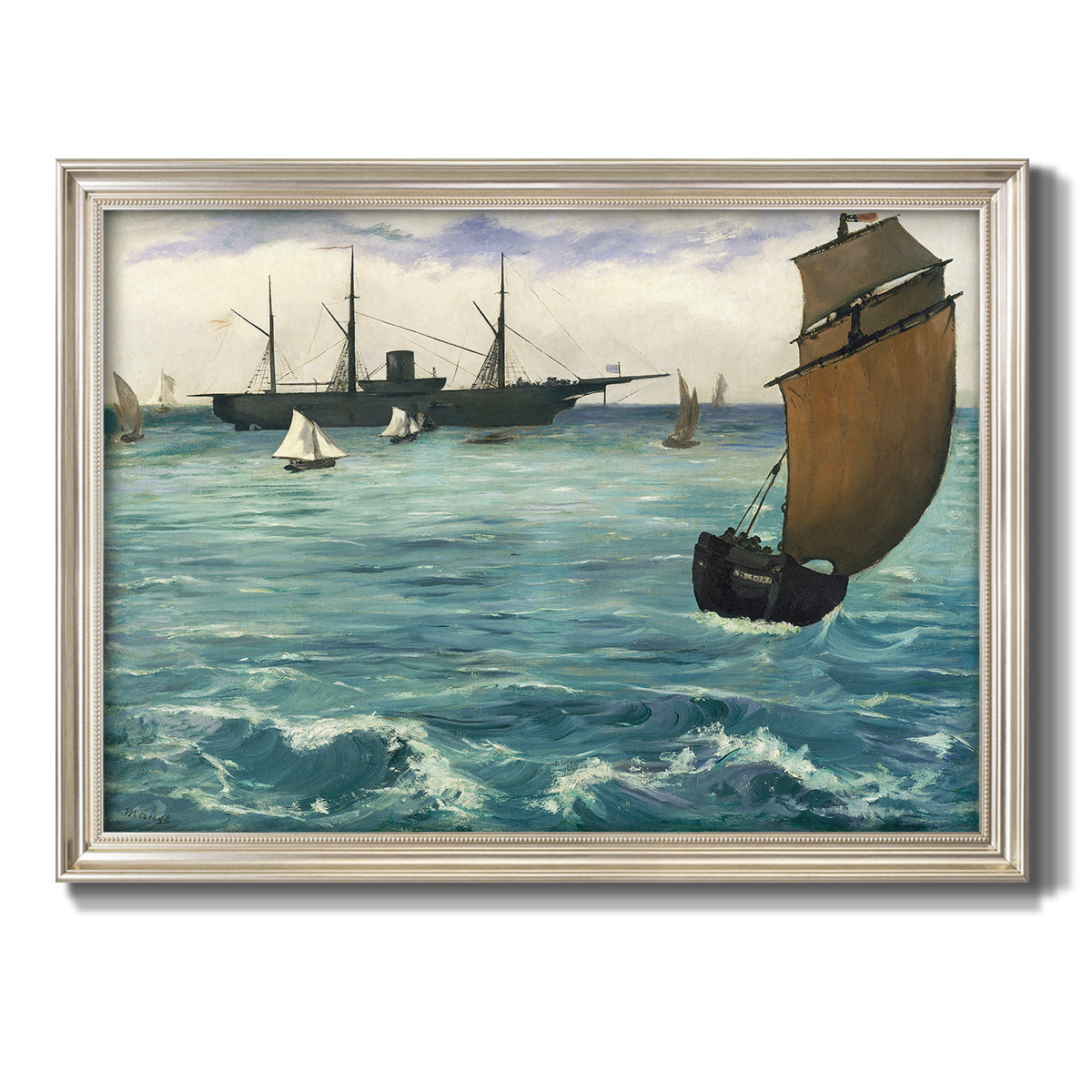 Impressionist naval seascape with the Kearsarge by Édouard Manet printed on canvas in an ornate champagne frame.