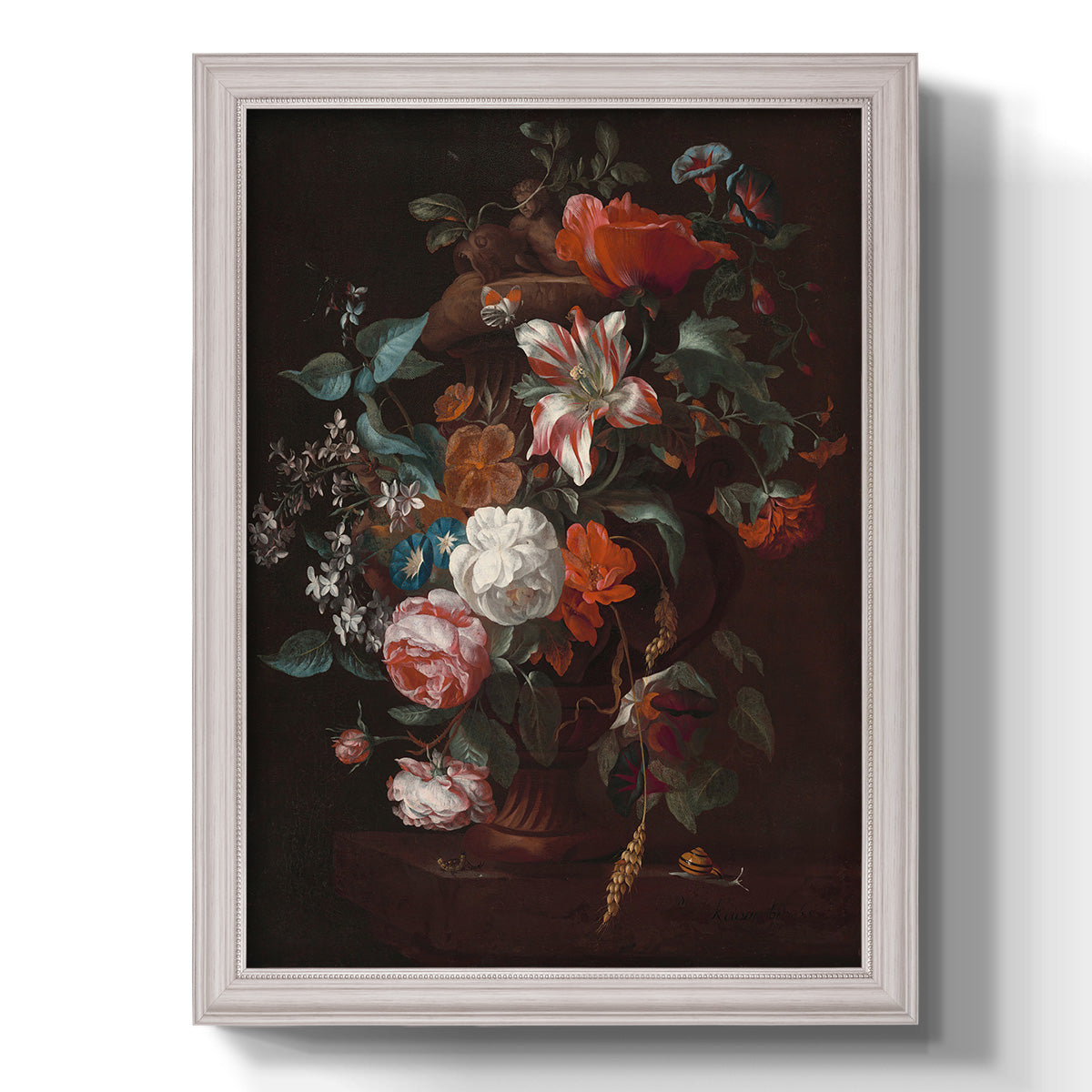 Classical floral still life painting by Jan van Huysum printed on canvas in an ornate champagne frame with a vertical orientation.