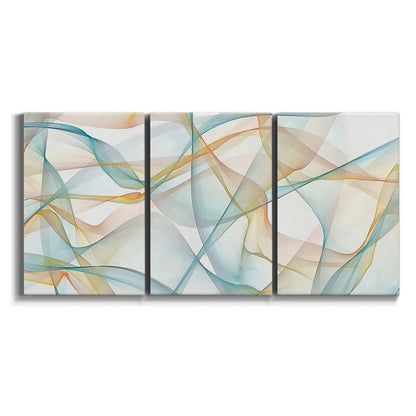 Three-panel canvas wall art featuring flowing abstract curves and wave patterns on white background.
