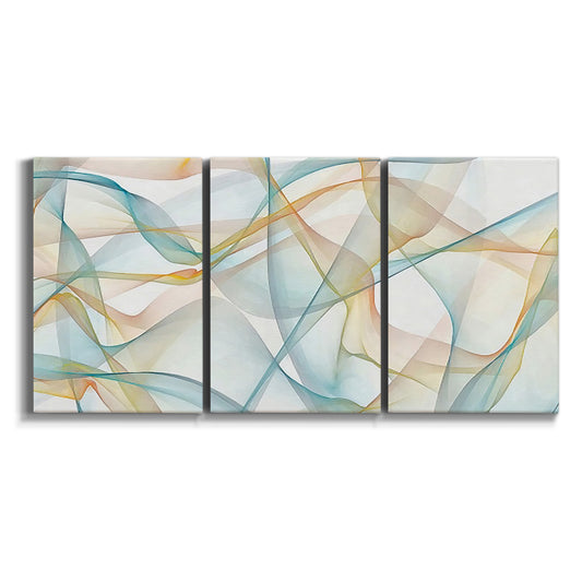 Three-panel canvas wall art featuring flowing abstract curves and wave patterns on white background.