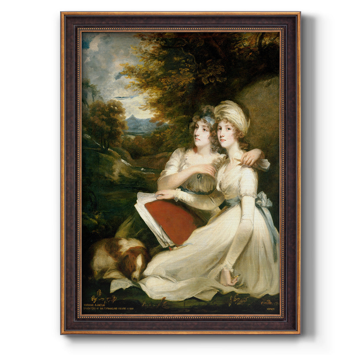 Classical portrait of the Frankland sisters by John Hoppner printed on canvas in an ornate bronzed mahogany wood frame with a vertical orientation.