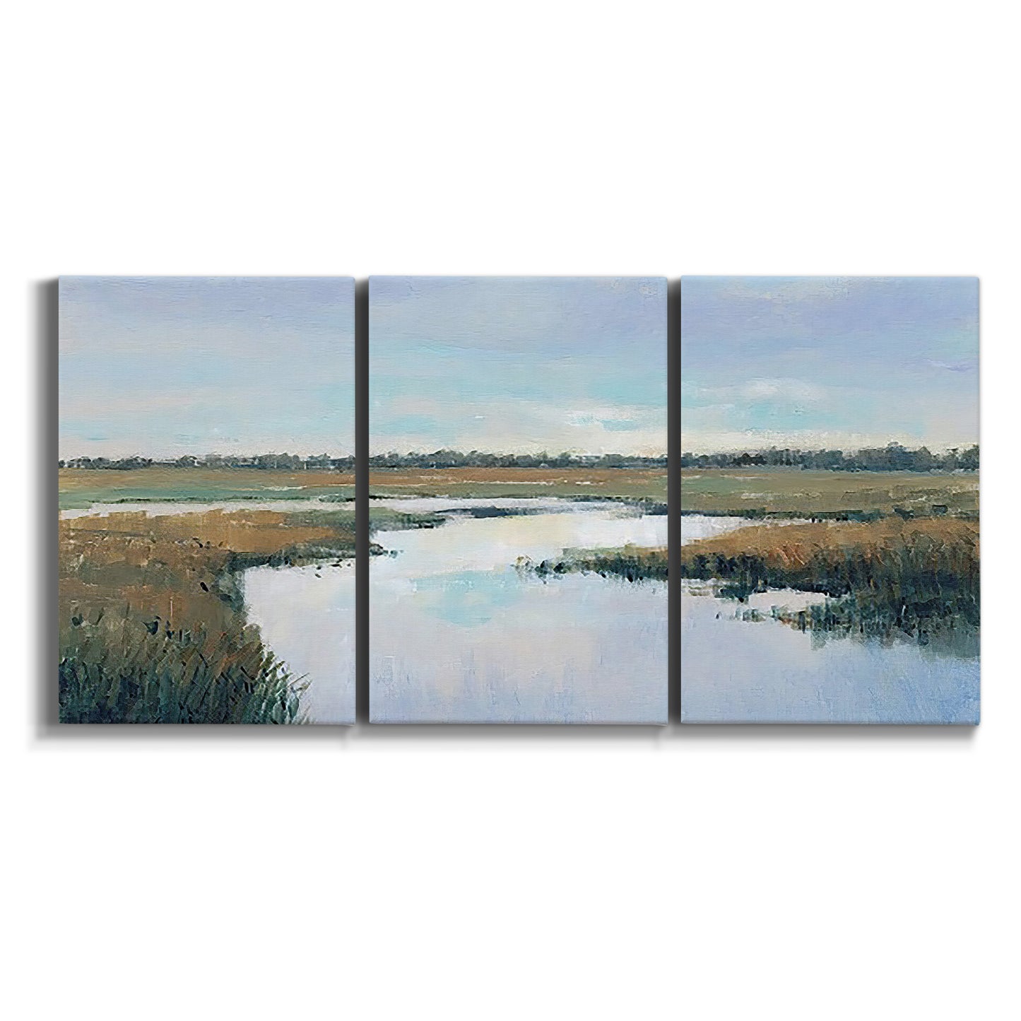 Three-panel canvas wall art featuring coastal plain meeting open water on white background.