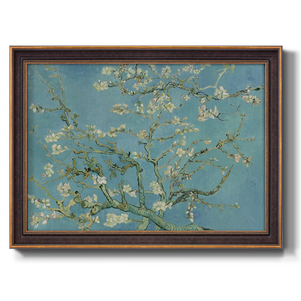 Impressionist flowering almond branch painting by Vincent van Gogh printed on canvas in an ornate bronzed mahogany wood frame.