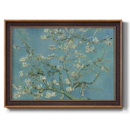 Impressionist flowering almond branch painting by Vincent van Gogh printed on canvas in an ornate bronzed mahogany wood frame.