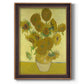 Impressionist sunflower still life painting by Vincent van Gogh printed on canvas in an ornate weathered white frame with a vertical orientation.