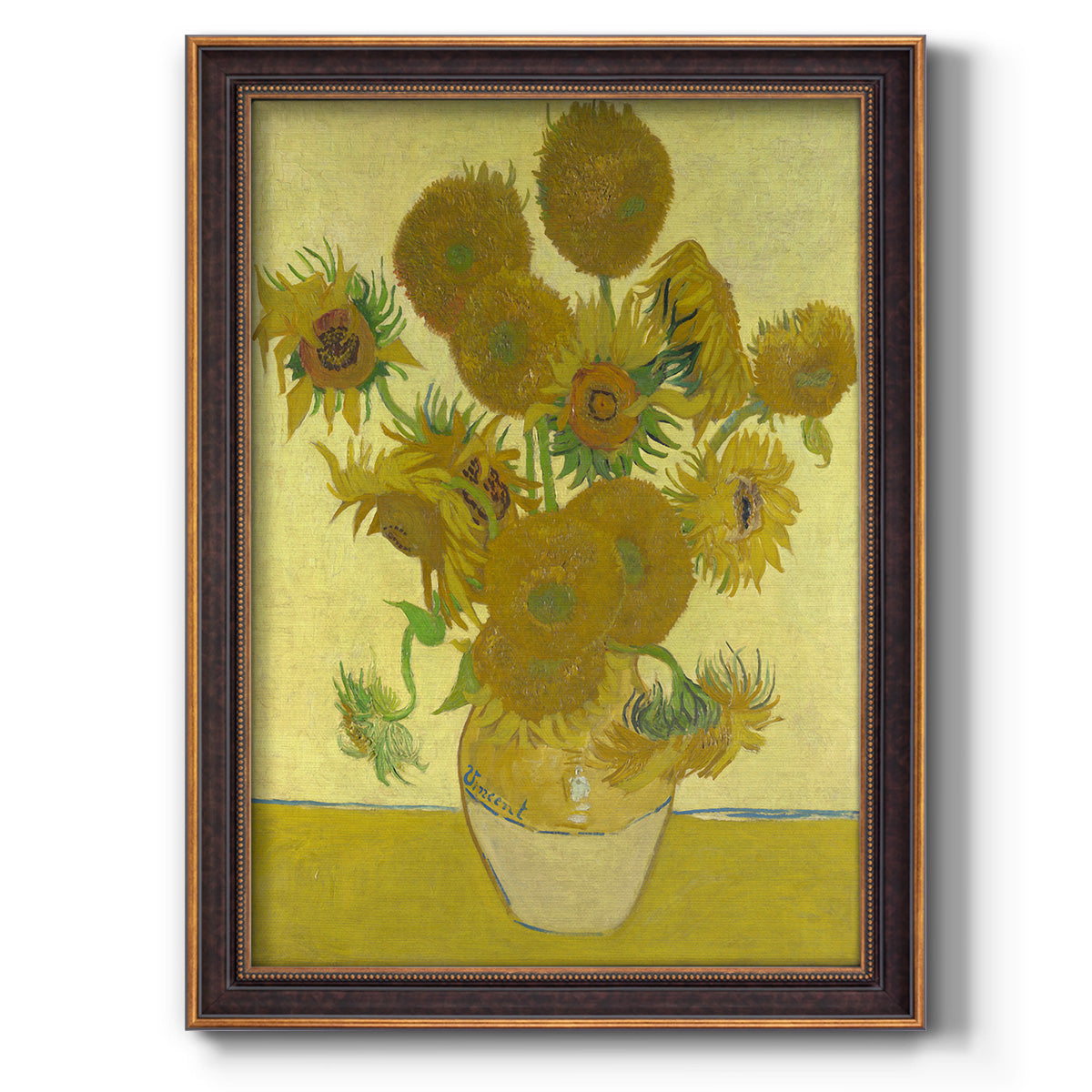 Impressionist sunflower still life painting by Vincent van Gogh printed on canvas in an ornate weathered white frame with a vertical orientation.