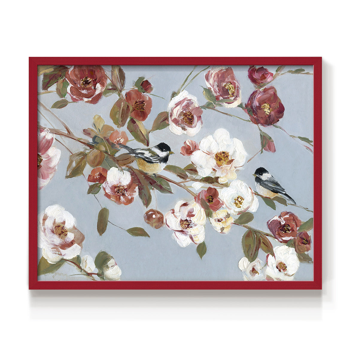 Chickadees and Blossoms II - Restickable Framed Art Print