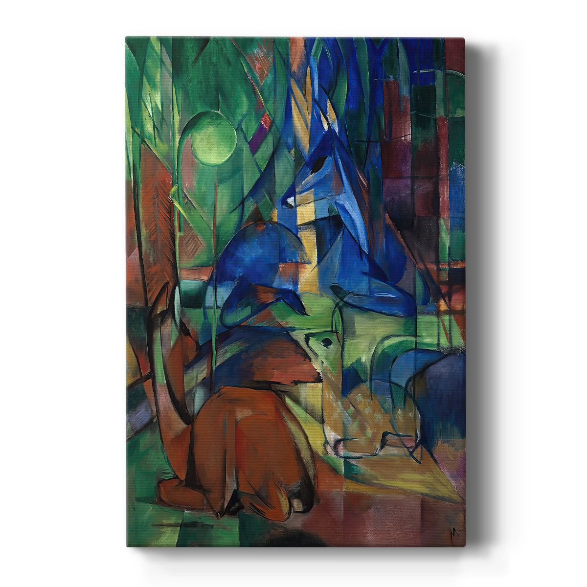 Canvas art print featuring an expressionist woodland scene with deer and fractured color planes on a clean white background.