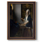 Quiet interior genre scene of a woman with scales by Johannes Vermeer printed on canvas in an ornate bronzed mahogany wood frame with a vertical orientation.