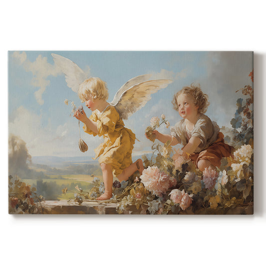 children,garden,flowers,angels,sky,landscape,play,nature,blooming,joy,summer,innocence,beauty,companionship,sunlight,petals,adventure,bloom,serenity,creativity,outdoor,idyllic,growth,wings,laughter,together,exploration,color,softness,magical,cheerful,pastoral,fresh,scenic,carefree,relaxation,friendship,joyfulness,tranquility,artistry