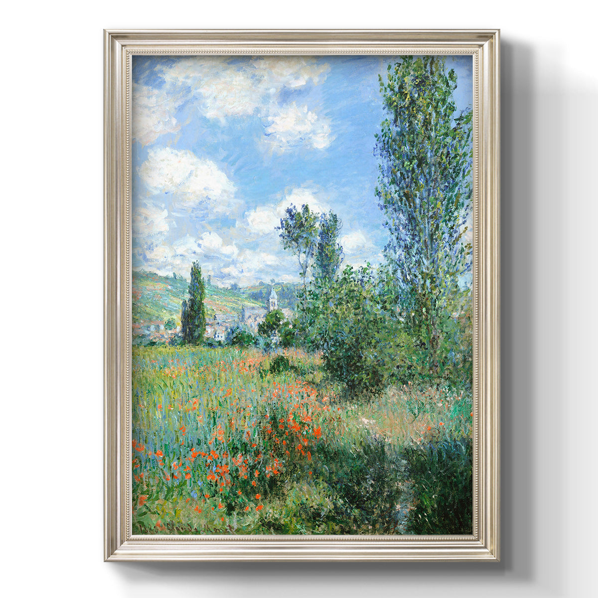 Impressionist pastoral landscape with poppy fields by Claude Monet printed on canvas in an ornate champagne frame with a vertical orientation.