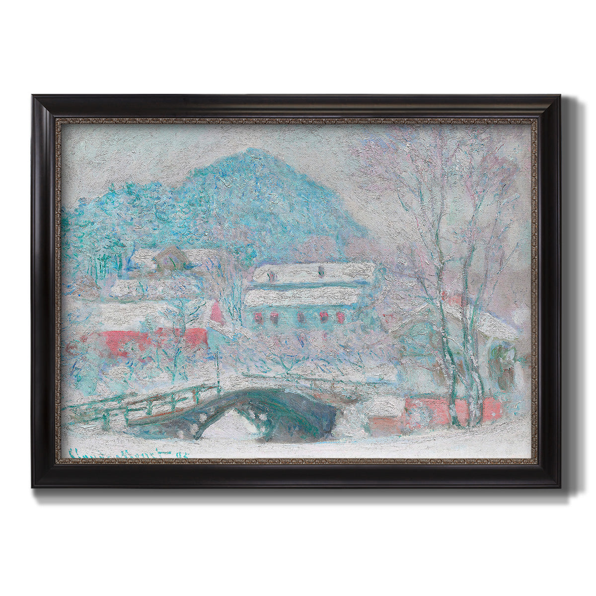 Impressionist coastal village landscape in Norway by Claude Monet printed on canvas in an ornate black frame with gilded inner detail.