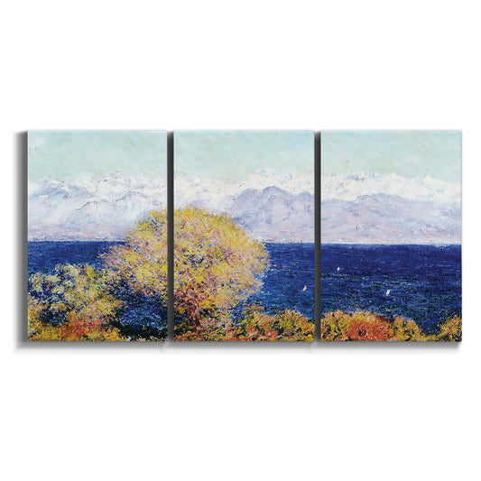Three-panel canvas wall art featuring mediterranean coastline with headland on white background.