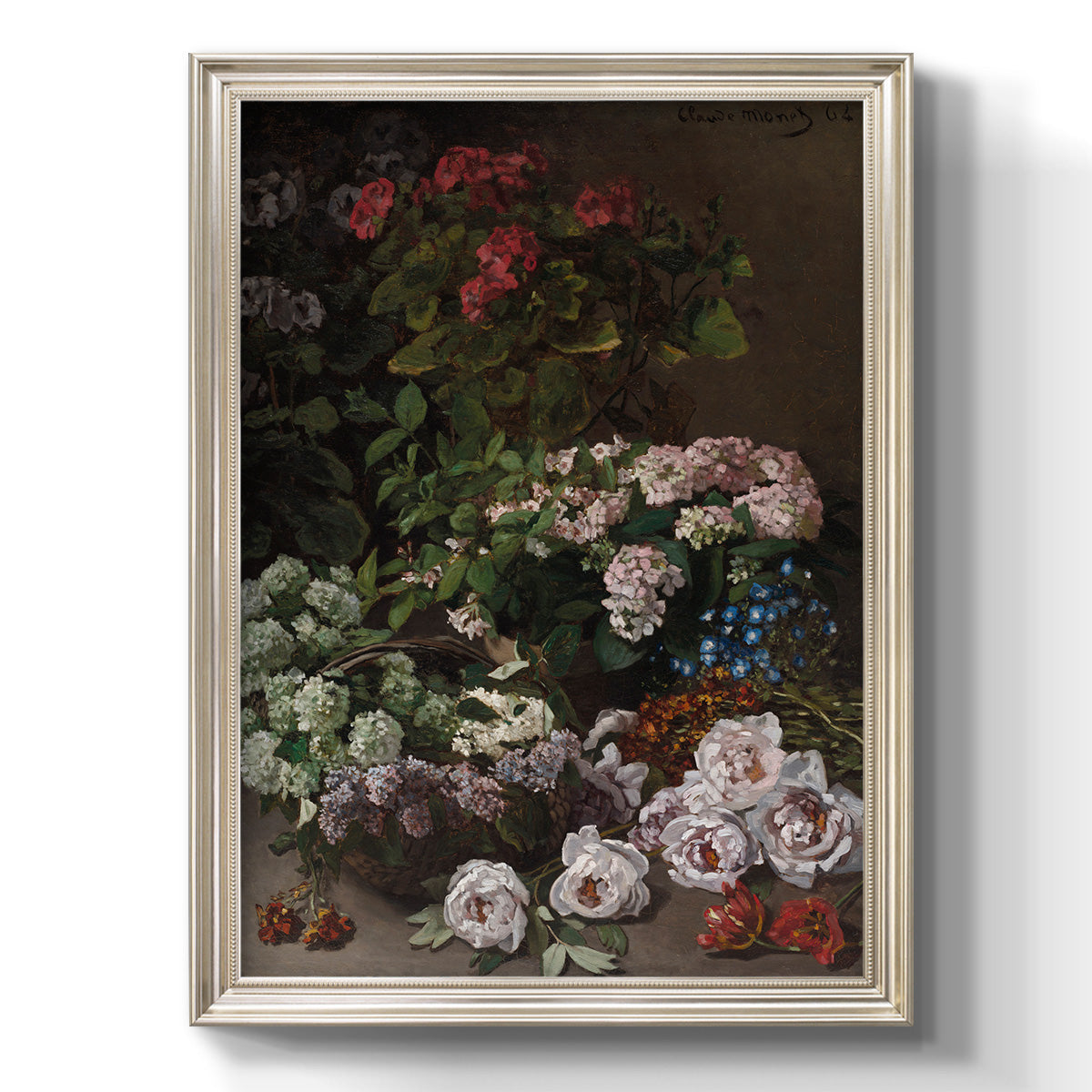 Early impressionist floral painting by Claude Monet printed on canvas in an ornate champagne frame with a vertical orientation.